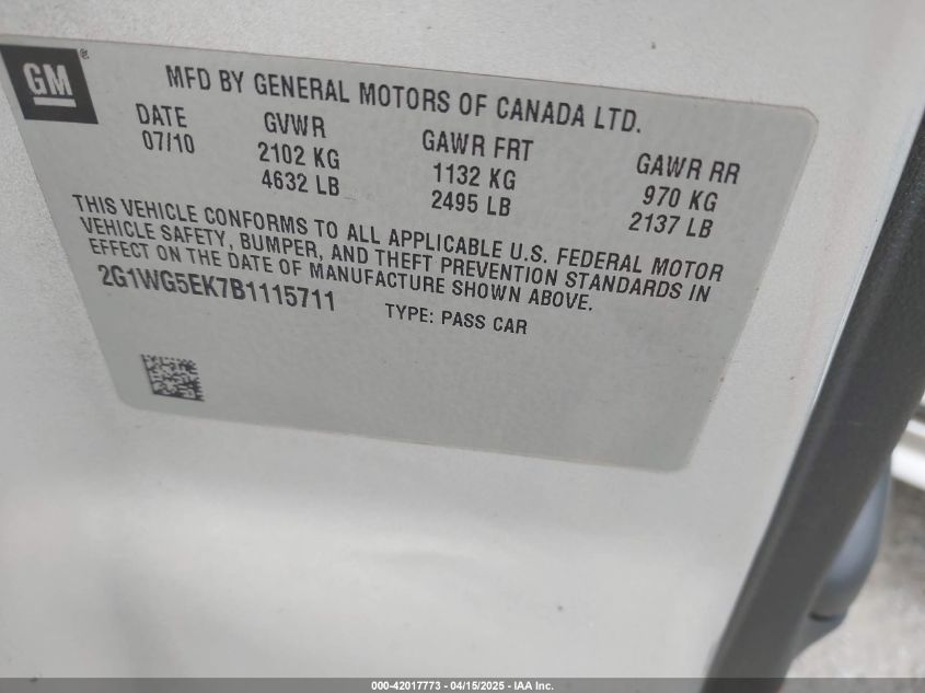 2011 Chevrolet Impala Lt VIN: 2G1WG5EK7B1115711 Lot: 42017773