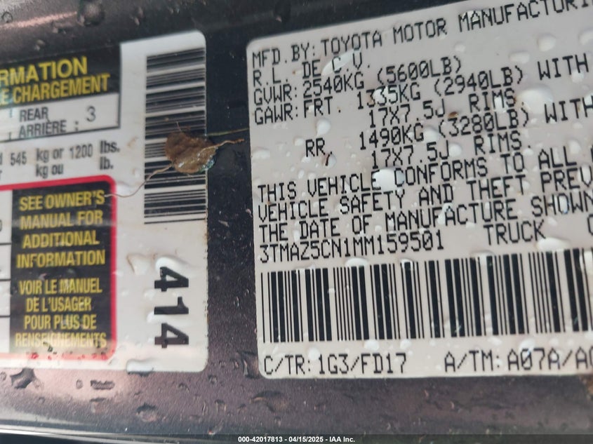 2021 TOYOTA TACOMA VIN: 3TMAZ5CN1MM159501