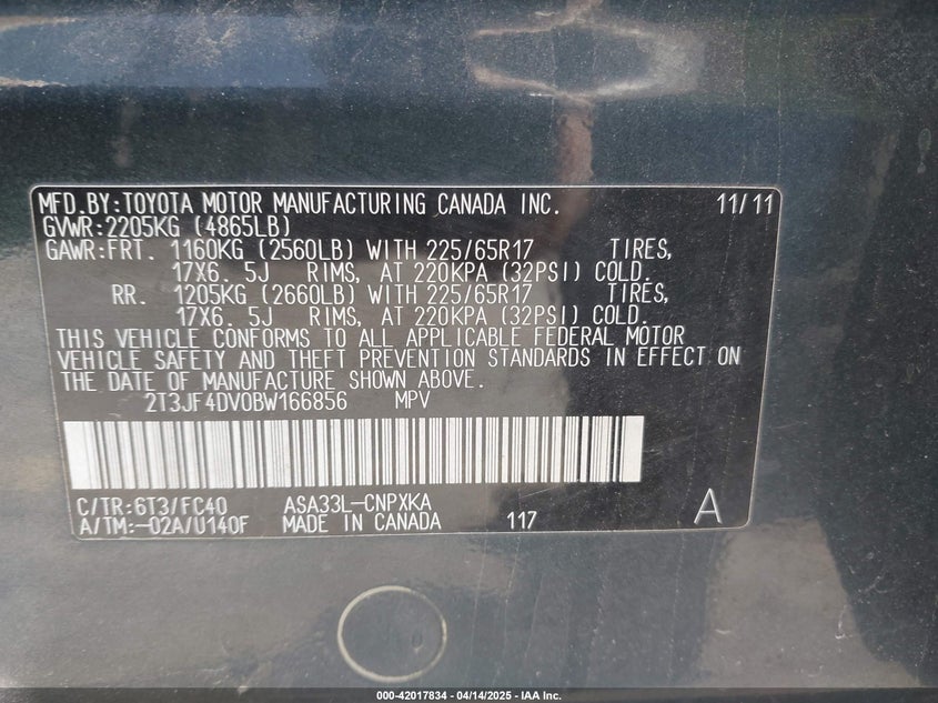 2011 TOYOTA RAV4 VIN: 2T3JF4DV0BW166856