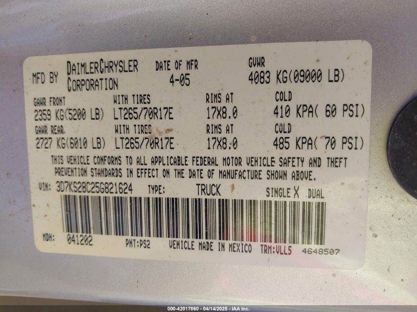 2005 Dodge Ram 2500 Slt/Laramie VIN: 3D7KS28C25G821624 Lot: 42017860