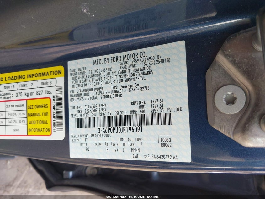 2018 FORD FUSION ENERGI VIN: 3FA6P0PU0JR196091