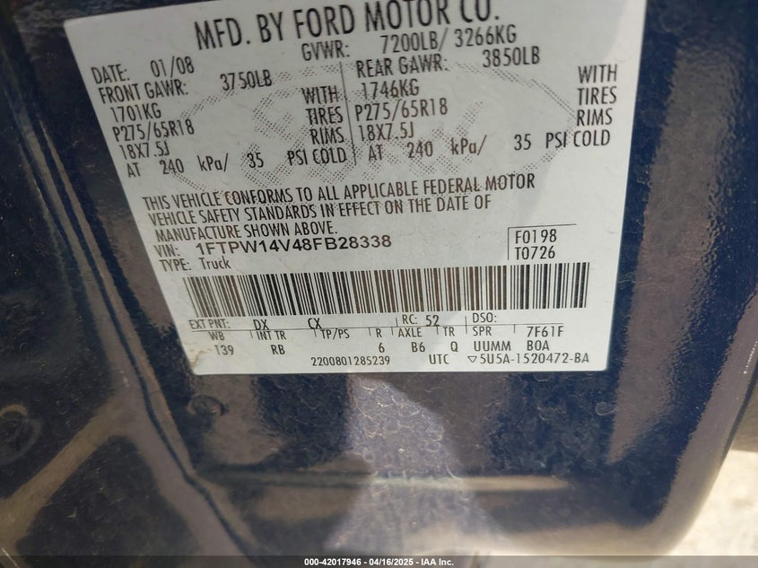 2008 FORD F150 VIN: 1FTPW14V48FB28338