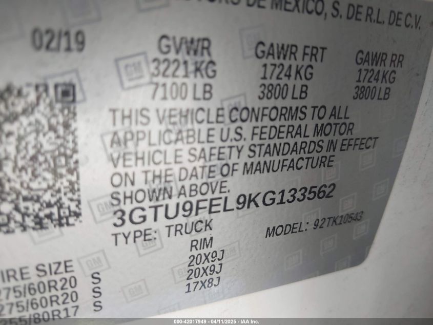 2019 GMC Sierra 1500 - 3GTU9FEL9KG133562