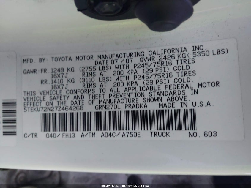 2007 TOYOTA TACOMA VIN: 5TEKU72N27Z464268