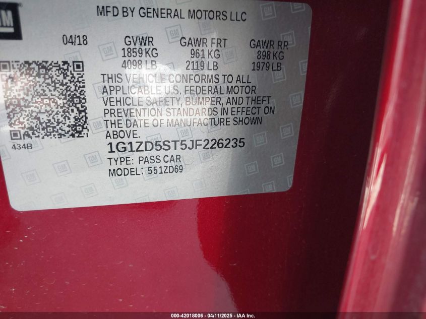 2018 Chevrolet Malibu Lt VIN: 1G1ZD5ST5JF226235 Lot: 43444750