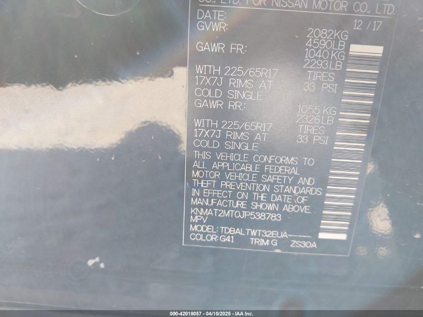 2018 Nissan Rogue Sv VIN: KNMAT2MTOJP538783 Lot: 42018057