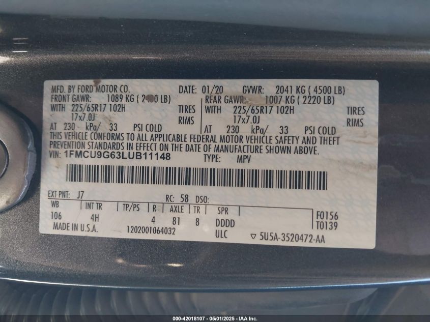 2020 Ford Escape Se VIN: 1FMCU9G63LUB11148 Lot: 42018107