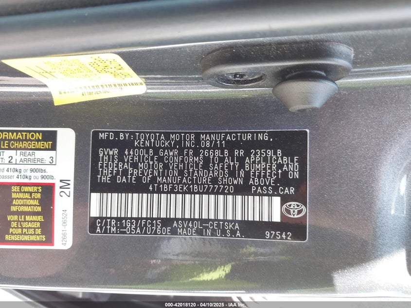 2011 TOYOTA CAMRY VIN: 4T1BF3EK1BU777720