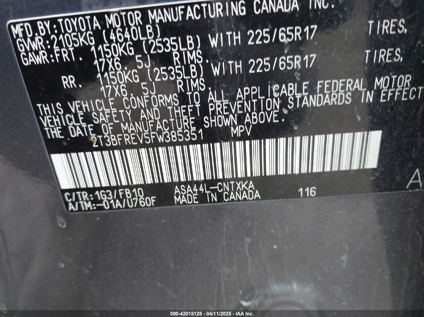 2015 Toyota Rav4 Le VIN: 2T3BFREV5FW385351 Lot: 42018128