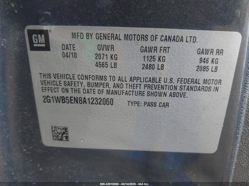 2010 CHEVROLET IMPALA VIN: 2G1WB5EN8A1232060