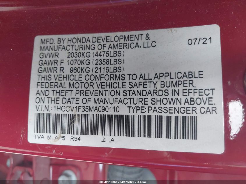 2021 Honda Accord Sport VIN: 1HGCV1F35MA090110 Lot: 42018367