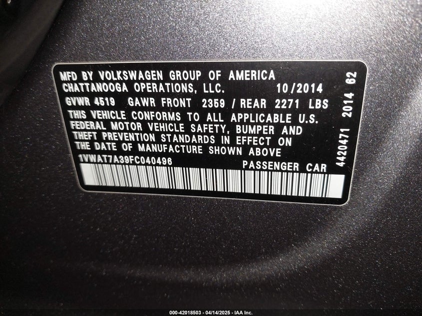 2015 VOLKSWAGEN PASSAT VIN: 1VWAT7A39FC040496