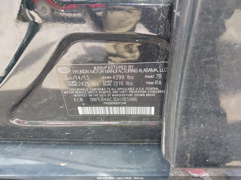 2013 Hyundai Sonata Gls VIN: 5NPEB4AC3DH765986 Lot: 42018551