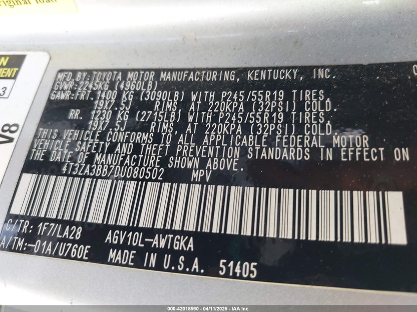 2013 Toyota Venza Xle VIN: 4T3ZA3BB7DU080502 Lot: 42018590