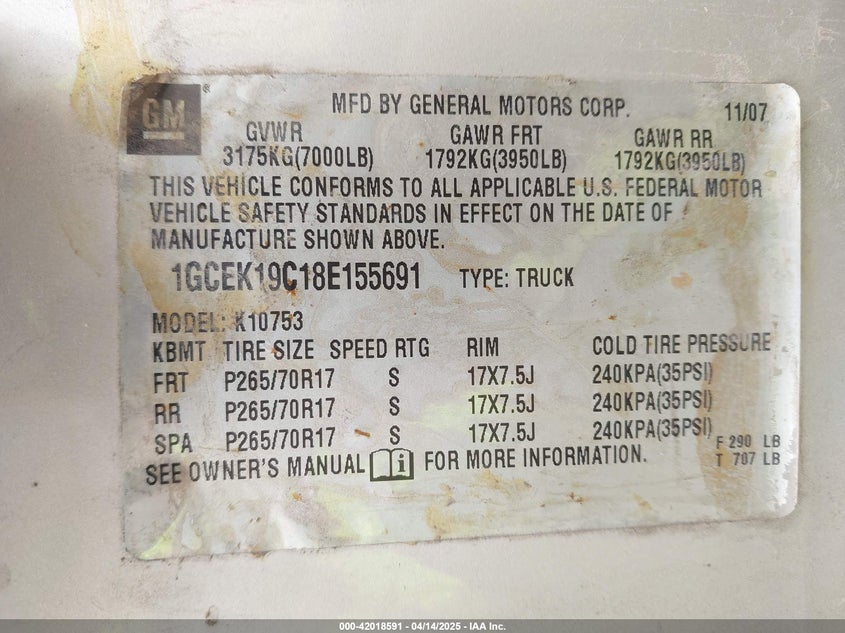 2008 CHEVROLET SILVERADO 1500 VIN: 1GCEK19C18E155691