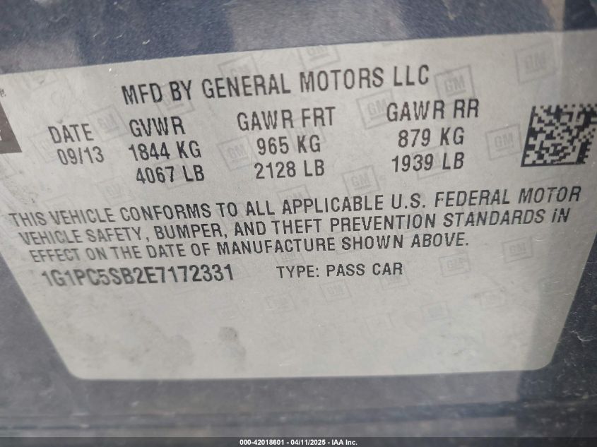 2014 Chevrolet Cruze 1Lt Auto VIN: 1G1PC5SB2E7172331 Lot: 42018601