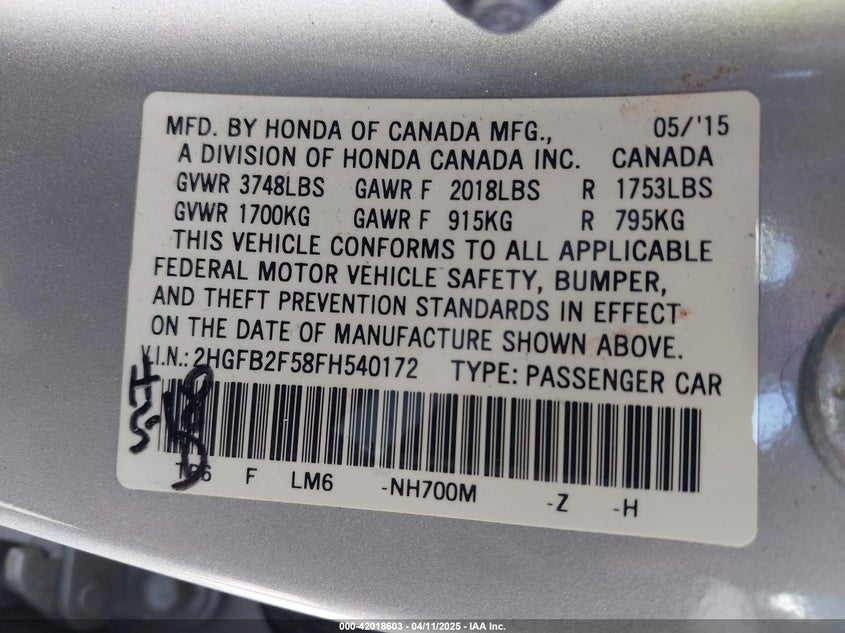 2015 HONDA CIVIC VIN: 2HGFB2F58FH540172
