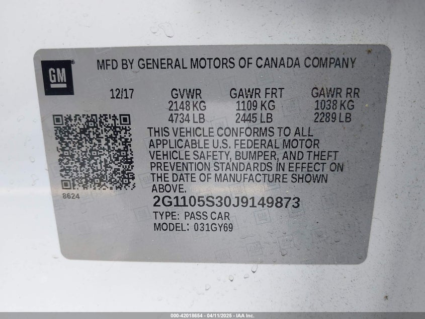 2018 CHEVROLET IMPALA VIN: 2G1105S30J9149873