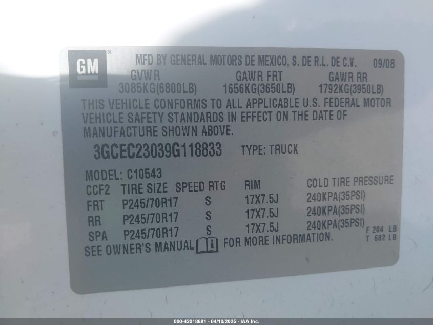 2009 Chevrolet Silverado 1500 Lt VIN: 3GCEC23039G118833 Lot: 42018681