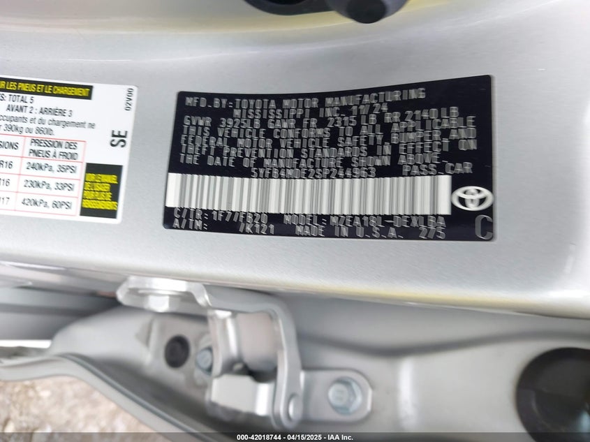 2025 TOYOTA COROLLA VIN: 5YFB4MDE2SP244963