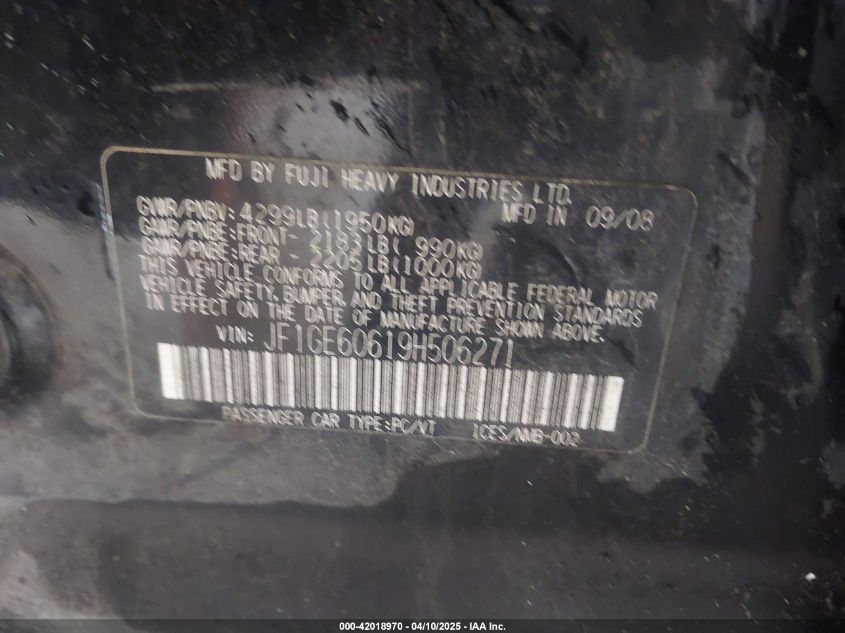 2009 Subaru Impreza 2.5I VIN: JF1GE60619H506271 Lot: 42018970