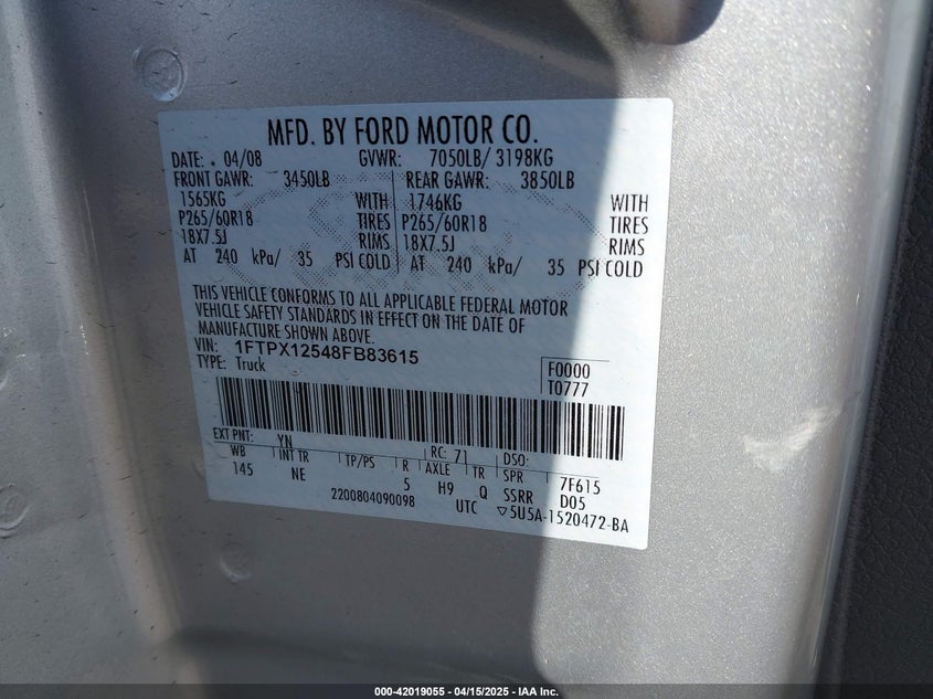 2008 FORD F-150 VIN: 1FTPX12548FB83615