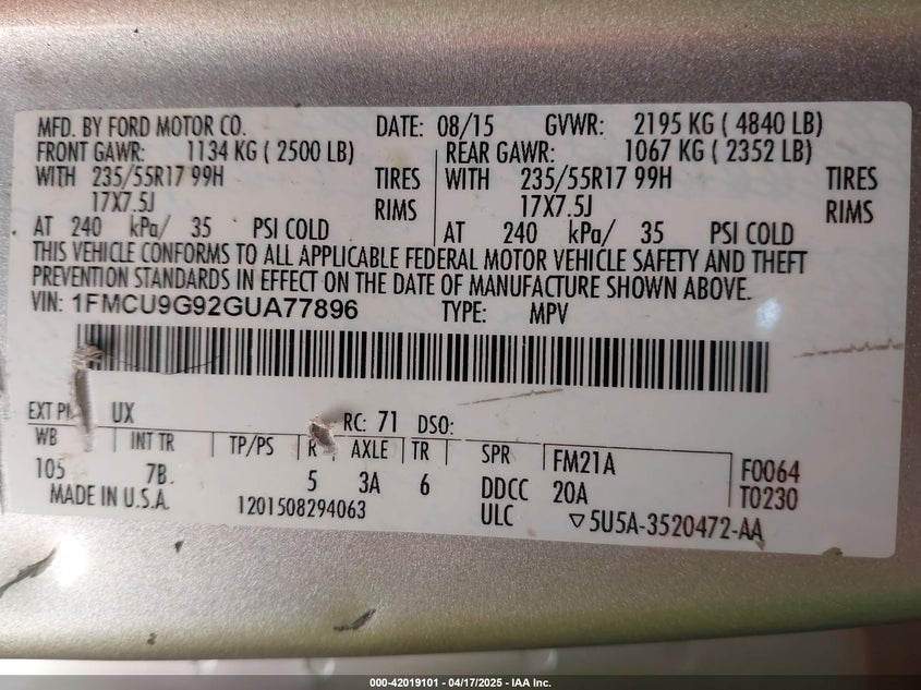 2016 FORD ESCAPE VIN: 1FMCU9G92GUA77896