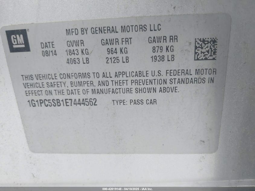 2014 Chevrolet Cruze 1Lt Auto VIN: 1G1PC5SB1E7444562 Lot: 42019148