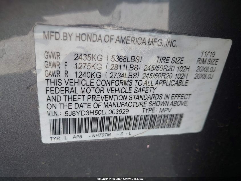 2020 Acura Mdx Technology Package VIN: 5J8YD3H50LL003929 Lot: 42019166