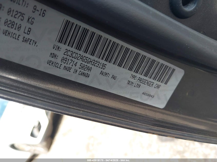 2016 DODGE CHALLENGER VIN: 2C3CDZAG5GH323195
