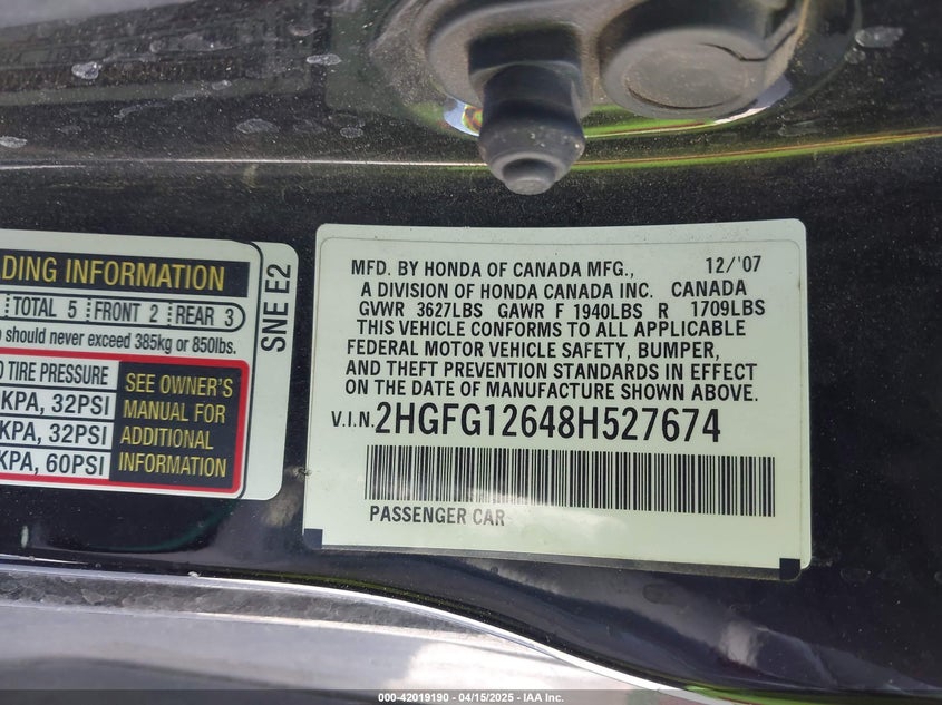 2008 HONDA CIVIC VIN: 2HGFG12648H527674