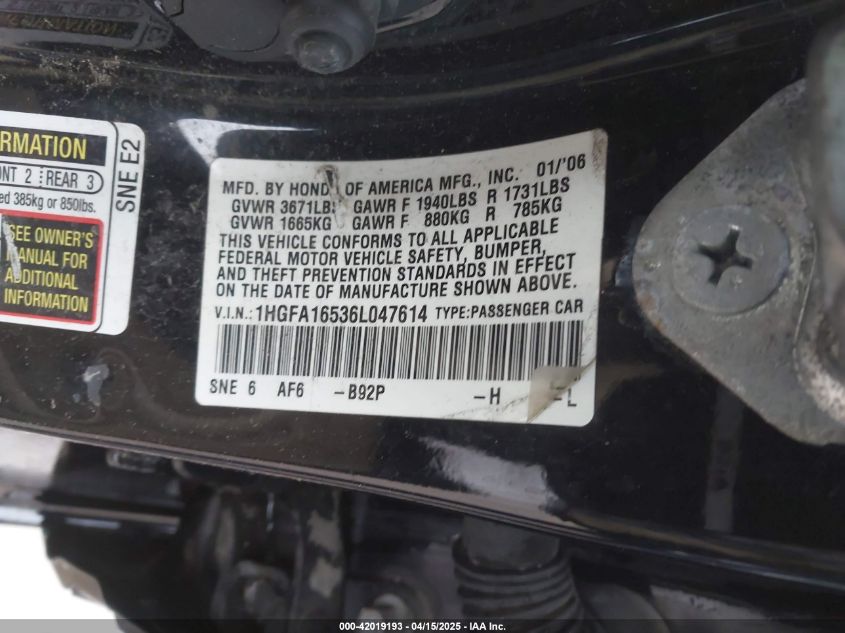 2006 Honda Civic VIN: 18GFA16536L047614 Lot: 42019193