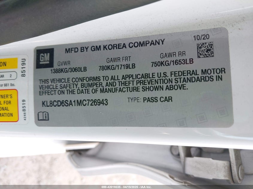 2021 CHEVROLET SPARK VIN: KL8CD6SA1MC726943