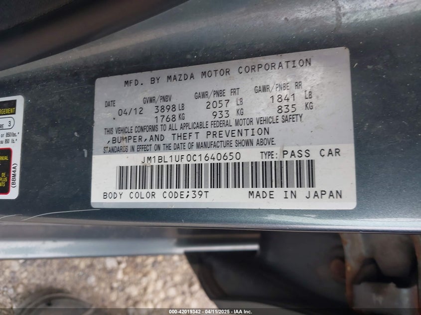 2012 MAZDA MAZDA3 VIN: JM1BL1UF0C1640650