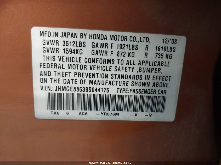 2009 HONDA FIT VIN: JHMGE88639S044176