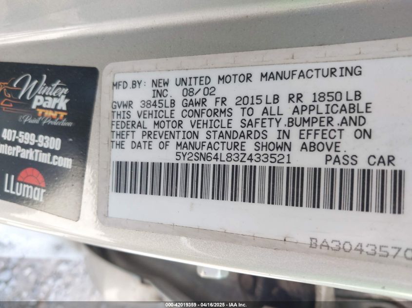 2003 Pontiac Vibe Gt VIN: 5Y2SN64L83Z433521 Lot: 42019359