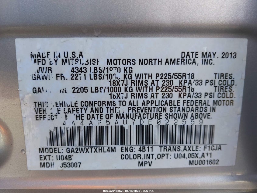 2013 MITSUBISHI OUTLANDER SPORT VIN: 4A4AP5AU7DE022559