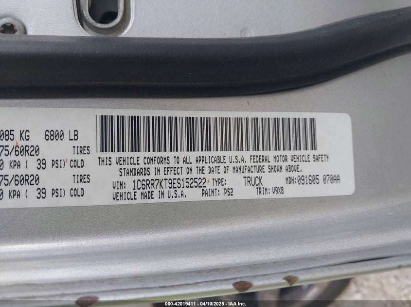 2014 RAM 1500 VIN: 1C6RR7KT9ES152522
