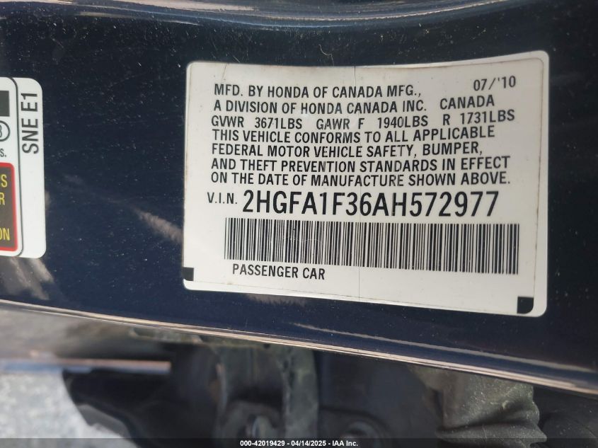 2010 Honda Civic Vp VIN: 2HGFA1F36AHF72977 Lot: 42019429