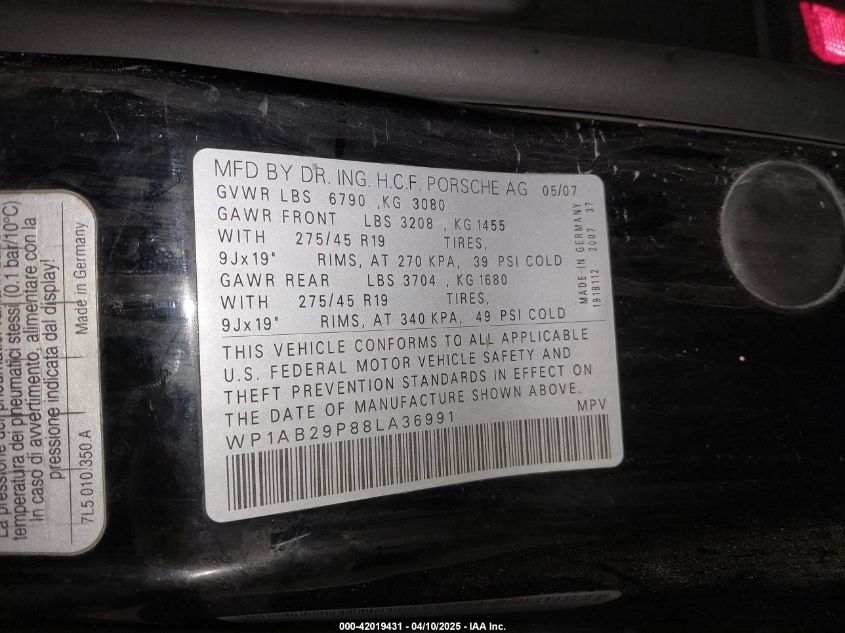 2008 Porsche Cayenne S VIN: WP1AB29P88LA36991 Lot: 42019431