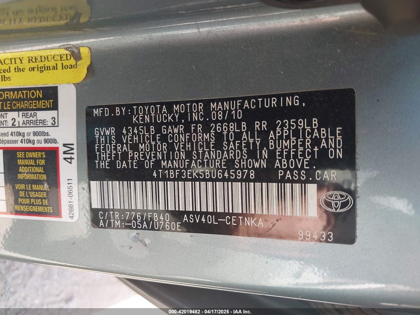 2011 TOYOTA CAMRY VIN: 4T1BF3EK5BU645978