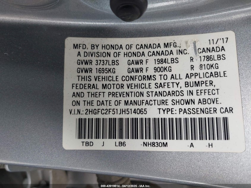 VIN 2HGFC2F51JH514065 2018 HONDA CIVIC LX