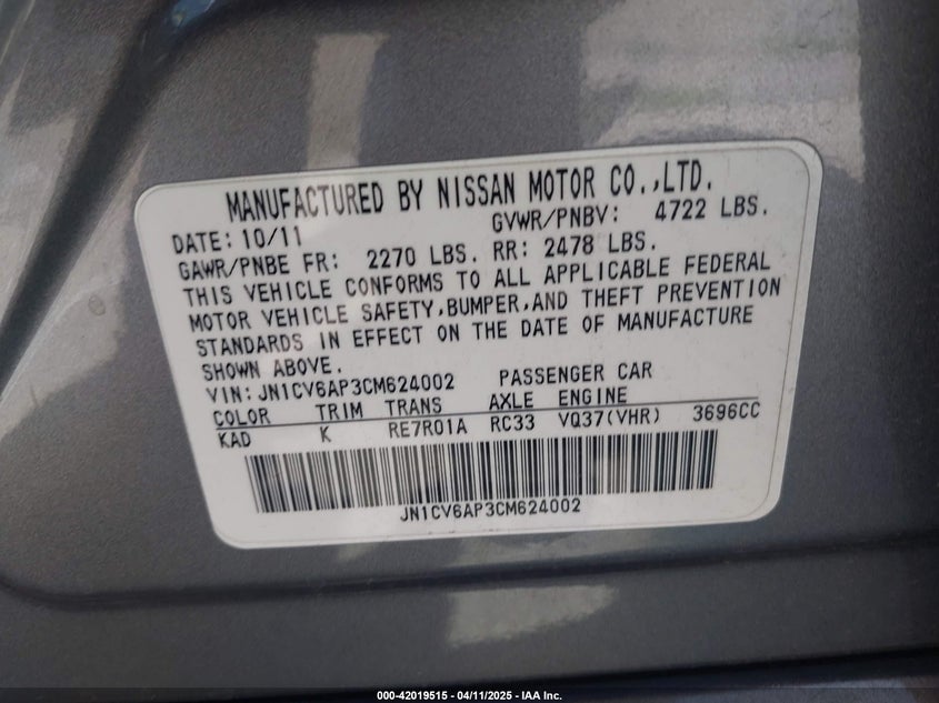 2012 INFINITI G37 VIN: JN1CV6AP3CM624002