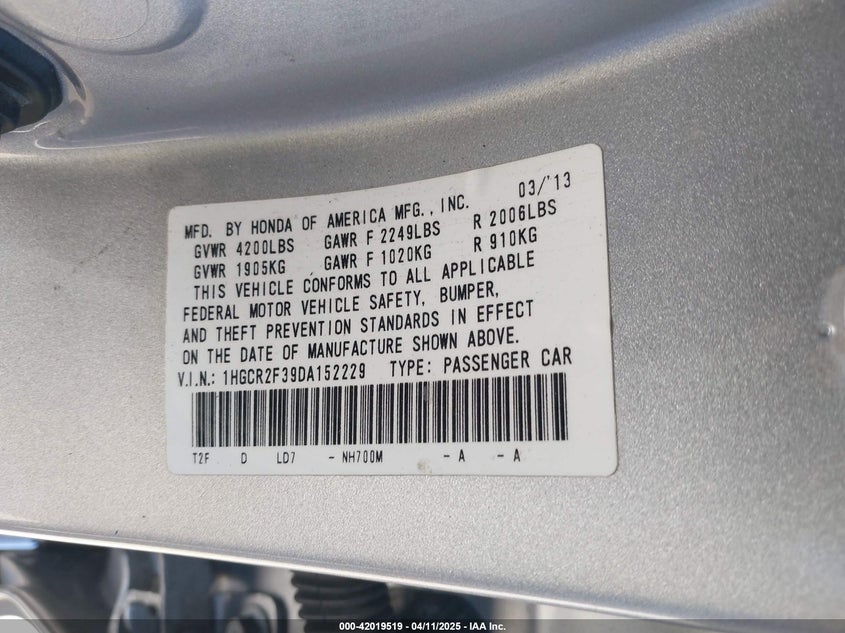 2013 HONDA ACCORD VIN: 1HGCR2F39DA152229