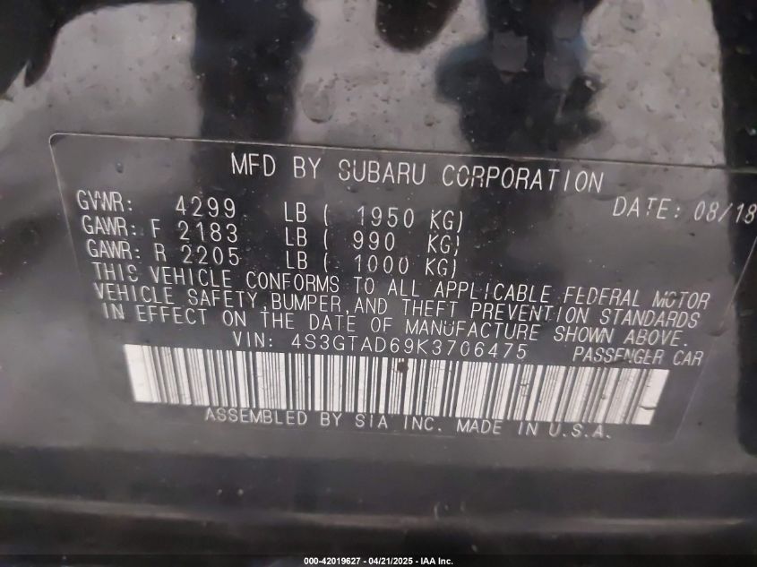 2019 Subaru Impreza 2.0I Premium VIN: 4S3GTAD69K3706475 Lot: 42019627
