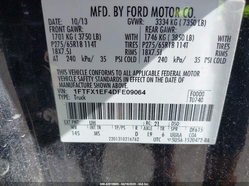 2013 Ford F-150 Xlt VIN: 1FTFX1EF4DFE09064 Lot: 42019665