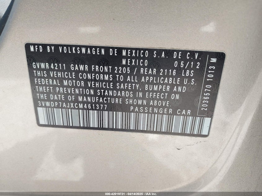 2012 VOLKSWAGEN JETTA VIN: 3VWDP7AJXCM461377