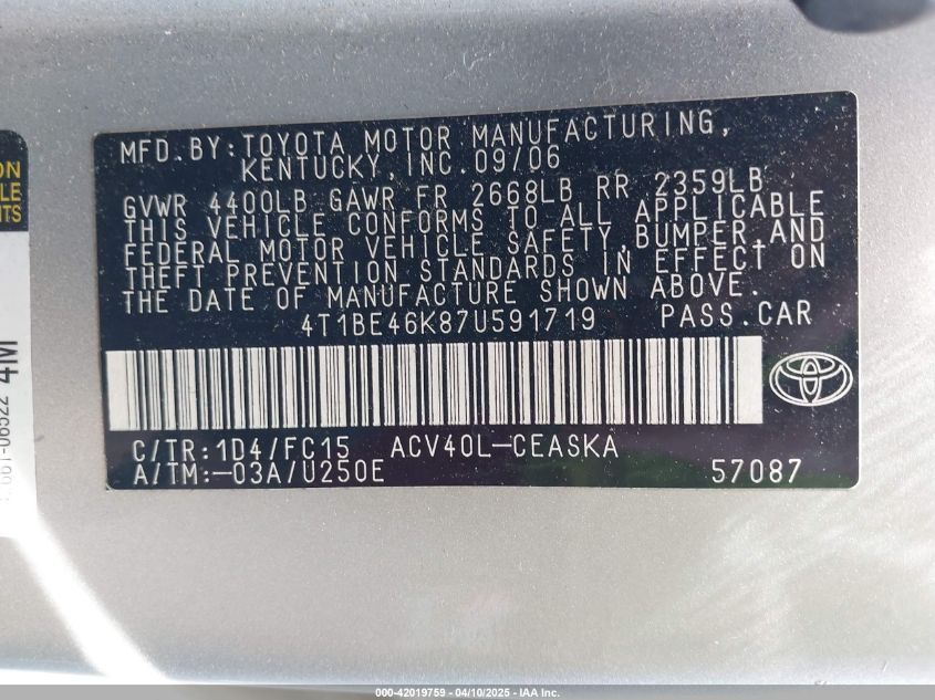 2007 Toyota Camry Se VIN: 4T1BE46K87U591719 Lot: 42019759
