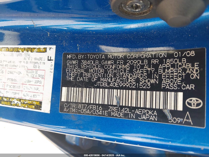 2009 TOYOTA COROLLA VIN: JTDBL40E999021523