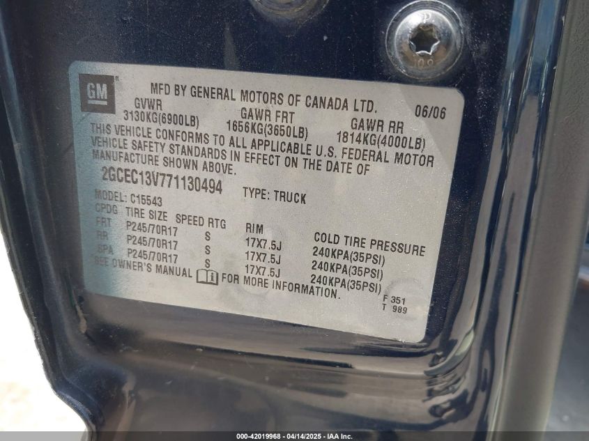 2007 Chevrolet Silverado 1500 Classic Ls VIN: 2GCEC13V771130494 Lot: 42019968